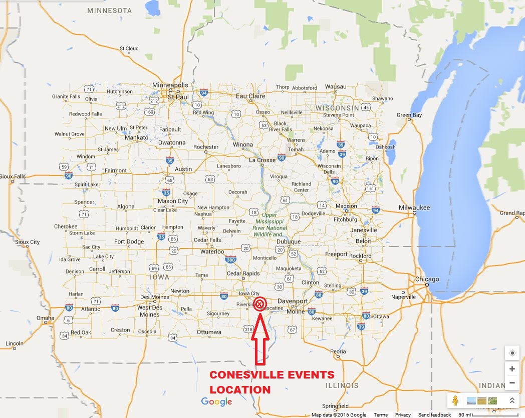 Conesville Events Location Map with 50 Mile Range